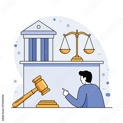 Illustration of a journalist pointing at a gavel in a courtroom setting with a judge's bench and scales of justice in a simple graphic style.
