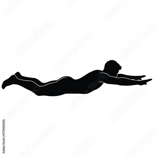 A silhouette of a person lying on their stomach with arms extended in a swimming motion