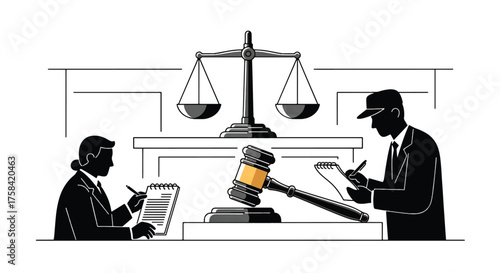 A journalist and a lawyer discussing documents at a desk with a gavel and scales of justice in a courtroom setting.