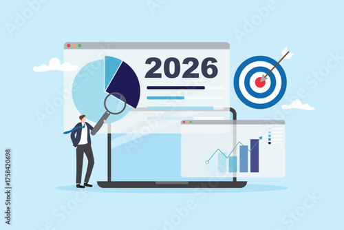 2026 planning strategy business marketing for growth and success project. Businessman presenting proposal or sale data analysis dashboard for annual forecast vector illustration flat design.