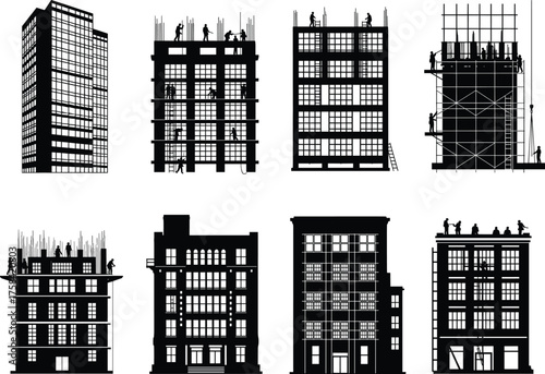 Urban building silhouettes, construction stages, architectural diversity, city skyline, scaffolding, workers, modern and traditional structures, black vector shapes, development concept,illustration