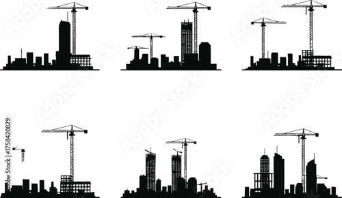 Urban construction silhouettes, city skyline development, building cranes, architecture growth, infrastructure expansion, modern cityscape, black vector illustration, editable design, stock content