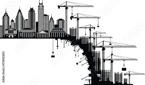 Urban development, city construction, skyline transformation, architectural progress, igrowth, cranes, scaffolding, modern buildings, evolving cityscape vector illustration, editable, stock content