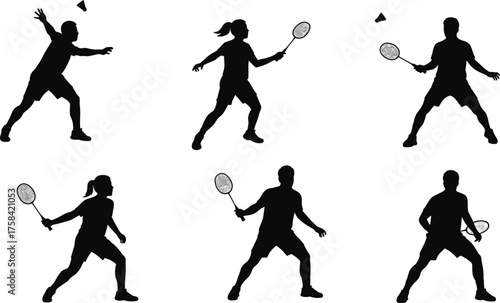 Black silhouette vector set of badminton players in action poses with rackets and shuttlecocks, swinging, lunging, jumping, and competitive sports gameplay