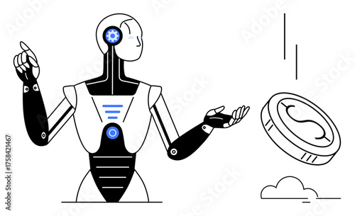 Futuristic robot gesturing at falling coin with clouds and movement lines. Ideal for technology, AI, finance, innovation, automation, digital economy, robotics. Simple flat metaphor