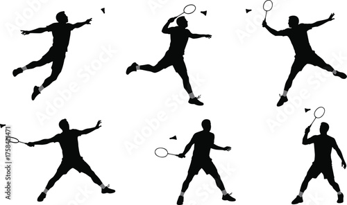 Black silhouette vector set of badminton players in dynamic action poses with rackets and shuttlecocks, jumping, lunging, swinging, and competitive gameplay