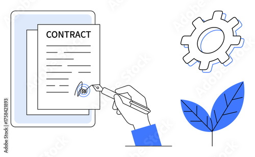 Hand signing contract with pen, contract paper, gear symbolizing process, and leaf for eco-friendly practices. Ideal for business deal, legal agreement, process, sustainability, eco-consciousness