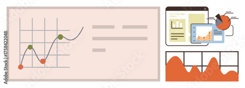 Design with a line graph, bar graph, pie chart, tablet, and laptop screen. Ideal for data analysis, business planning, analytics, report presentation research progress tracking simple flat