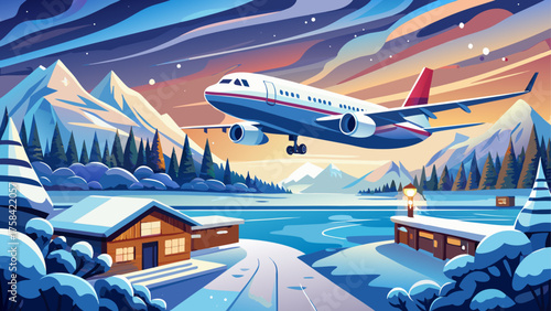 Very beautiful white passenger airplane landing on a snowy runway at Oslo Airport, Norway, surrounded by winter landscapes and snow-covered terrain, capturing the drama and elegance of Arctic aviation