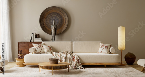 Foto Japandi living room interior with Buddha sculpture, wooden furniture and soft neutral tones