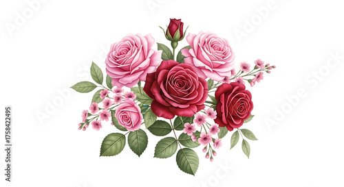 A beautiful arrangement of pink and red roses with green leaves isolated on white background