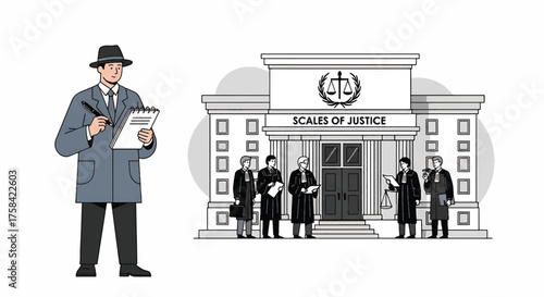 A cartoon journalist stands with a notebook in front of a courthouse with scales of justice, dressed in a classic detective outfit.