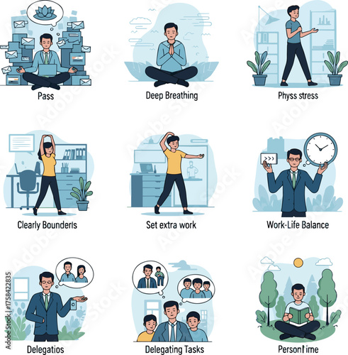 Isolated a Stress management Business characters trying to maintain healthy work life balance to prevent burnout. Mindfulness and meditation at work concept. vector art with white background.