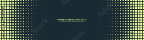 Rounded squares grid halftone pattern faded round border ultra wide 32:9 aspect ratio vector yellow black contrast abstract background. Half tone graphic ultrawide format futuristic tech backdrop