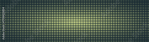 Rounded square particles grid halftone pattern glow effect ultra wide 32:9 aspect ratio vector yellow black high contrast abstract background. Half tone panoramic format retro futuristic style bg