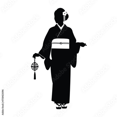 Silhouette of a woman in a kimono holding a lantern with floral hair accessory design