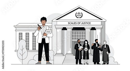 Illustration of a journalist standing outside a courthouse with scales of justice, holding a notebook and pen, with other people in formal attire