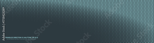 Cyan triangles grid halftone pattern stunning smooth border ultra wide 32:9 aspect ratio vector conceptual abstract background. Half tone graphic ultrawide format futuristic technological abstraction