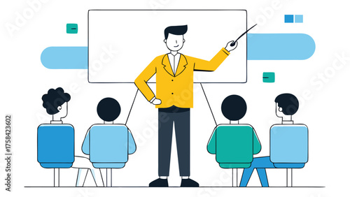 Illustration of a teacher at a desk, engaging with students in a classroom setting..eps