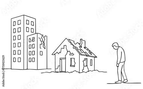 line sketch damaged house and person life by war on white background