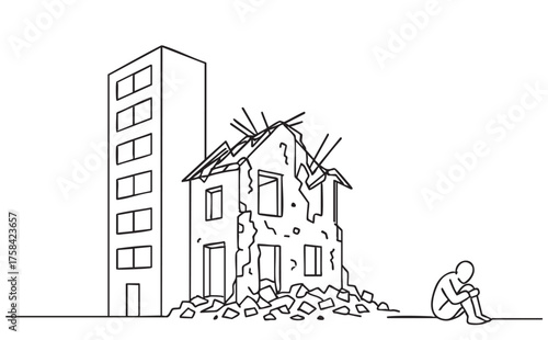 line sketch damaged house and person life by war on white background
