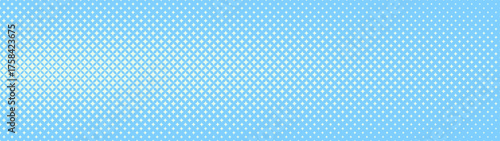 Star shaped trendy halftone pattern light ray effect ultra wide 32:9 aspect ratio white blue vector abstract background. Half tone grid graphic glitter panoramic ultrawide format fantastic abstraction