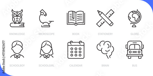 Education & school line icon set. Knowledge, microscope, book, stationery, globe, schoolboy, schoolgirl, student, calendar, brain, study, bus sign. Vector illustration. Editable stroke. Flat design. 