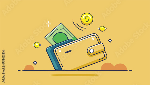 Cartoon of a man with wings holding a bag of money, symbolizing wealth and freedom..eps