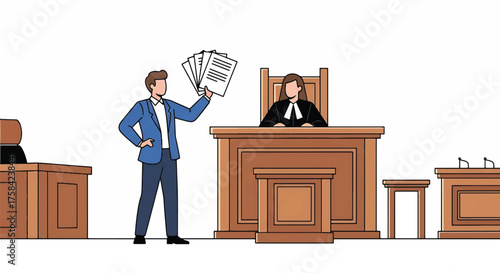 A cartoon journalist stands confidently in a courtroom holding papers while a judge sits at the bench.