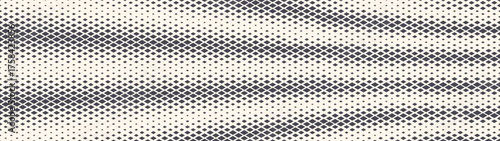 Rhombus grid halftone pattern warped striped structure ultra wide 32:9 aspect ratio vector abstract background. Half tone texture panoramic ultrawide format retro futuristic style striking abstraction