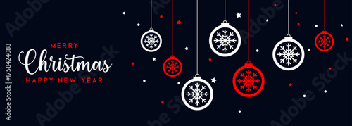 Modern Merry Christmas and Happy New Year banner. Vector illustration with hanging red and white snowflake ornaments. Ideal for holiday greetings, web headers, and festival, poster, banners, templates