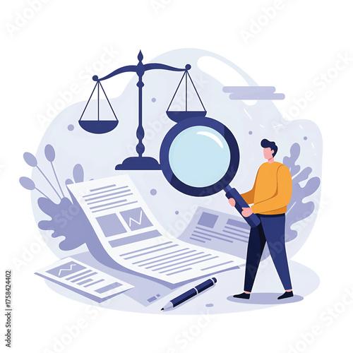 A journalist examines legal documents with a magnifying glass near a scale of justice on a desk in a minimalist setting.