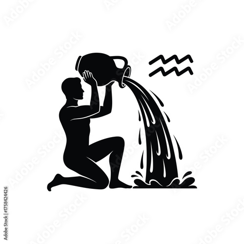 Silhouette of aquarius pouring liquid from jug with zodiac sign above on white background