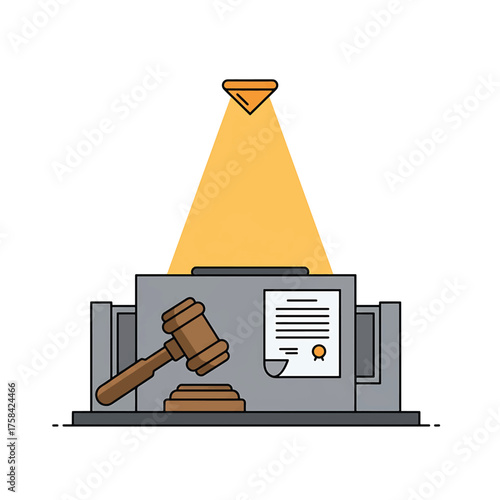 A journalist's desk with a gavel on a computer, highlighting a document under a spotlight, symbolizing justice and investigation in a minimalist