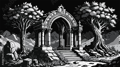 A monochrome sketch of a tombstone, highlighting its ornate features and somber presence in a graveyard setting..eps