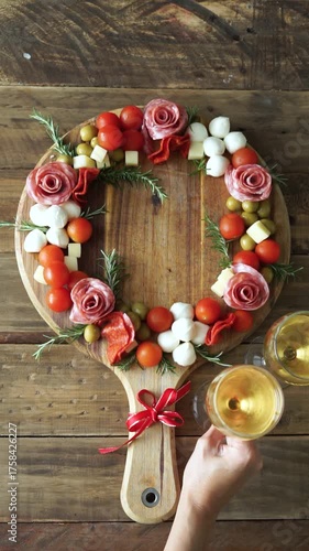 Charcuterie board shaped like a Christmas wreath and two glasses of white wine
