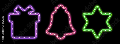 LED strip light frame set. Christmas element decorative ring tape lamp sign. Glowing LED neon flex colorful border for marketing promotions, cards, invitations, banners, tags.
