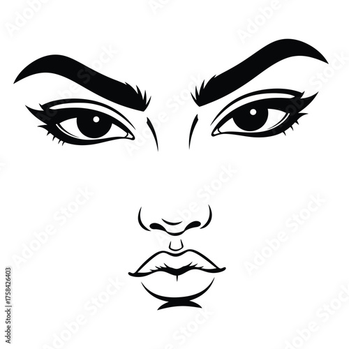 Stylized black and white illustration of a woman's face with dramatic expression