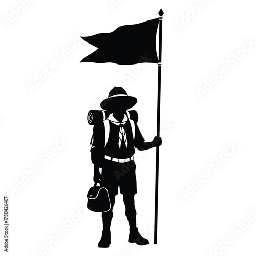 Silhouette of a boy scout with a backpack holding a flag on a pole in black and white