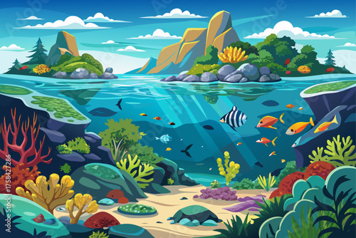 vector of Clear waters and coral reefs of the Similan Islands — one of the best diving spots in Thailand.