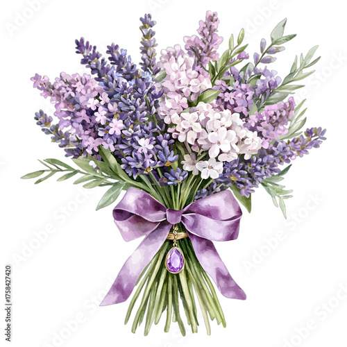 Elegant Watercolor Lavender and Lilac Bouquet with Ribbon Clipart
