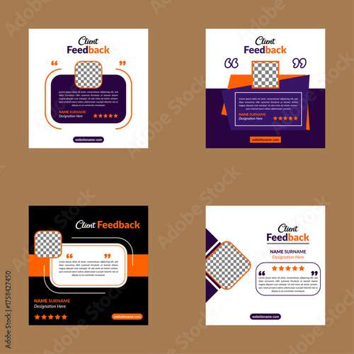Modern Client Testimonial Layout in a Bundle of Four. Abstract Layout Display for Promotions.