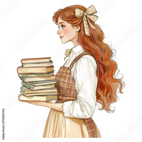Elegant Woman with a Stack of Books: Vintage Academic Clipart
