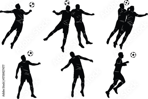Dynamic soccer player silhouettes in action poses with football ball, competitive sports vector illustration for athletic training, teamwork, and energy design
