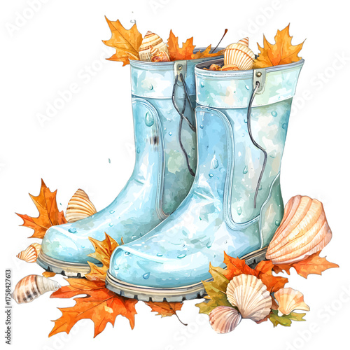Watercolor Rain Boots with Autumn Leaves and Seashells Clipart
