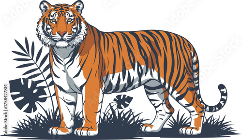 A tiger standing in the jungle vegetation tiger, jungle, vegetation, wildlife, animal, nature, illustration, mammal, striped, carnivore, predator, tropical