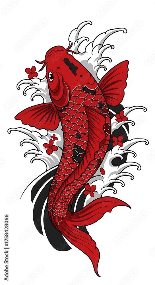 custom made wallpaper toronto digitalTraditional Japanese koi fish illustration with lotus flowers and water waves, symbolizing strength, luck, and perseverance in elegant tattoo art style
