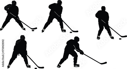 Silhouette collection of ice hockey players in helmets with sticks and puck, skating, shooting, defending, dribbling, competition, vector sports illustration