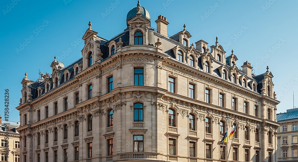 Obraz premium Elegant architectural facade of a historical building against a clear blue sky