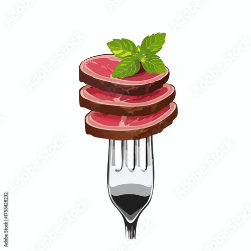 Slices of beef steak on vintage fork isolated on white